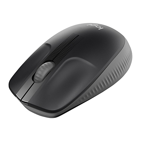 Souris d'ordinateur sans fil noire et grise avec molette et logo.