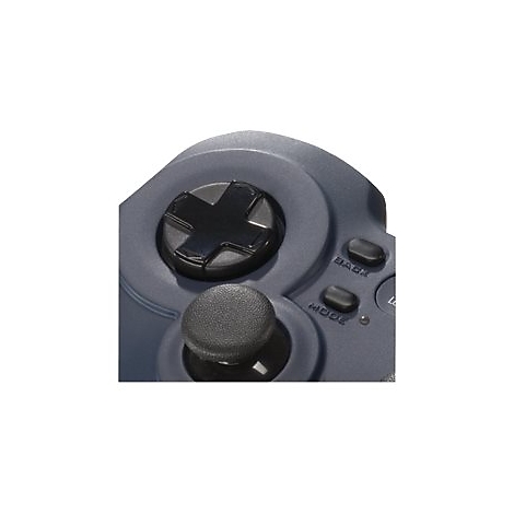 Gros plan d'une manette de jeu grise avec une croix directionnelle, un joystick et des boutons noirs.