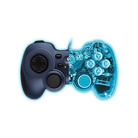 Une manette de jeu bleu foncé, représentée à gauche, partiellement transparente et montrant les composants internes, sur fond blanc.