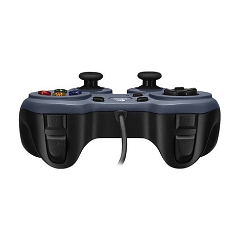 Manette Logitech bleu foncé avec boutons, sticks et câble. Boutons de différentes couleurs.