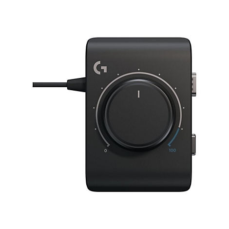 Schwarzes Audiogerät mit Drehregler und Logitech-Logo. Skala von 0-100.