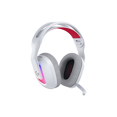 Weißes Gaming-Headset mit roten und grauen Akzenten. Das Headset hat eine gepolsterte Innenseite und Ohrmuscheln. Auf einer Ohrmuschel ist ein rotes "L" zu sehen.