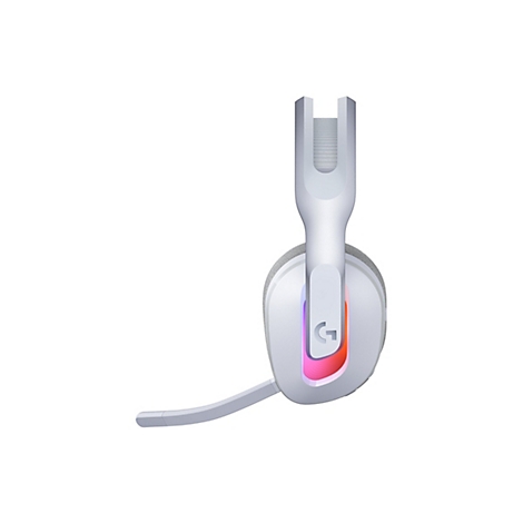 Ein weißes Gaming-Headset mit Mikrofon und RGB-Beleuchtung auf weißem Hintergrund. Das Logitech-G-Logo ist sichtbar.