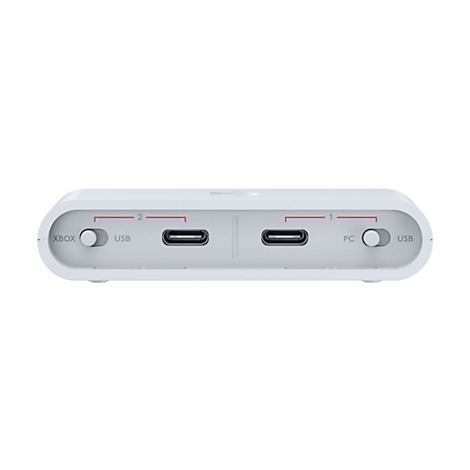 Weißes Gerät mit USB-C-Anschlüssen. Aufschrift: Xbox, PC, USB und 1 und 2.
