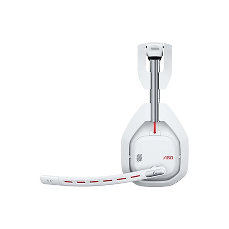 Weißes Gaming-Headset mit roter Akzentuierung und Mikrofon, vor weißem Hintergrund.