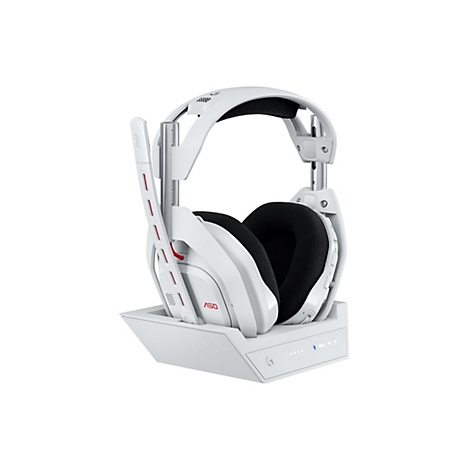 Weißes Gaming-Headset mit schwarzen Ohrmuscheln und Ladestation auf weißem Hintergrund. Details: rote Akzente, Logo.