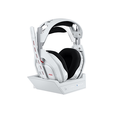 Weißes Gaming-Headset auf Ladestation, Details wie roter Akzent und Label "A50".