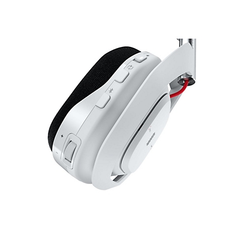Weißes Headset mit schwarzem Polster und rotem Kabel. Knöpfe und Rollrad sichtbar.