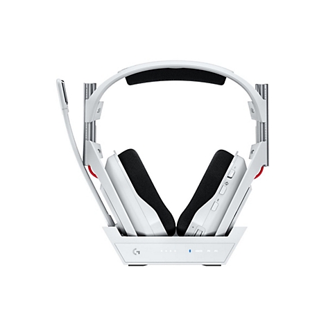 Weißes Gaming-Headset mit Mikrofon, vor weißem Hintergrund. Unterseite mit Xbox-, PS- und PC-Kennzeichnungen.
