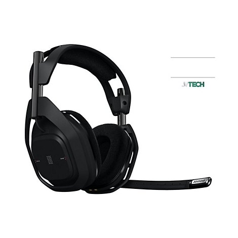Schwarzes Gaming-Headset, Mikrofon, weiche Ohrmuscheln, weiÃŸe SchriftzÃ¼ge.