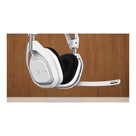 WeiÃŸes Gaming-Headset mit schwarzem Ohrpolster, Mikrofon und Details.