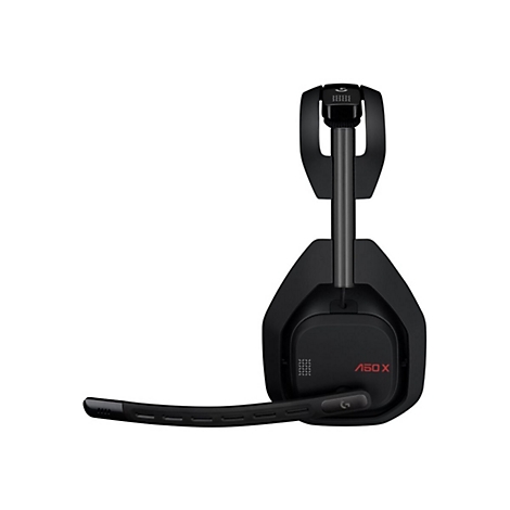 Schwarzes Gaming-Headset, Mikrofon nach unten, Logo. Hintergrund weiÃŸ.