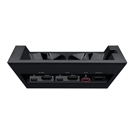 Schwarze Dockingstation mit HDMI- und USB-AnschlÃ¼ssen.