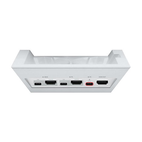 WeiÃŸe Konsole mit AnschlÃ¼ssen wie HDMI und USB. Roter Anschluss hervorstechend.