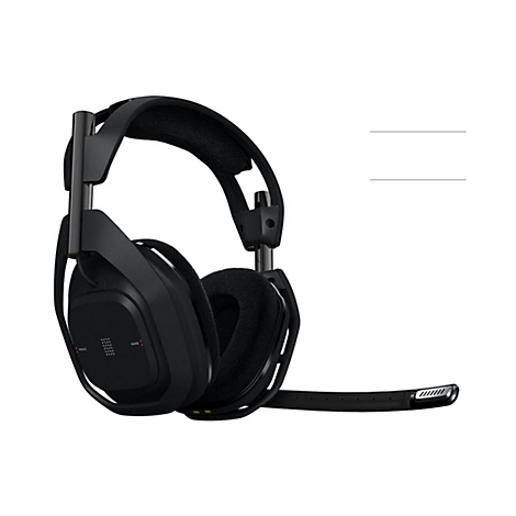 Schwarzes Gaming-Headset mit Mikrofon, Blick in SchrÃ¤gansicht, vor weissem Hintergrund.