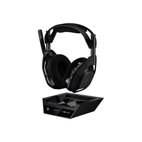 Schwarzes Gaming-Headset mit Ladeschale, auf weißem Hintergrund. Mit Mikrofon, Ohrmuscheln, und Knöpfen.