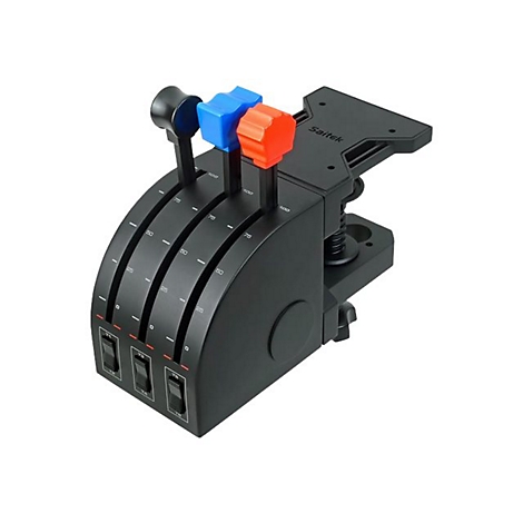 Manette des gaz noire pour simulateur de vol, avec boutons et interrupteurs colorés. Étiqueté "Saitek".
