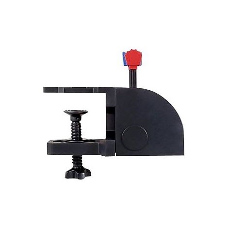 Serre-joint noir avec poignée rouge et bleue. Une étagère est en haut à gauche.