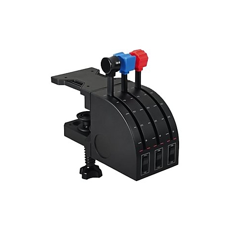 Manette de simulateur de vol noire avec trois boutons et interrupteurs colorés.