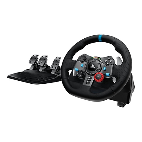 Ein schwarzes Lenkrad mit perforiertem Leder, Pedalset, blaue und rote Knöpfe.