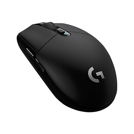 Schwarze Computermaus mit Logo. Obere Seite: Scrollrad, zwei Tasten. Linke Seite: zwei weitere Tasten. Logo: GroÃŸes 'G'.