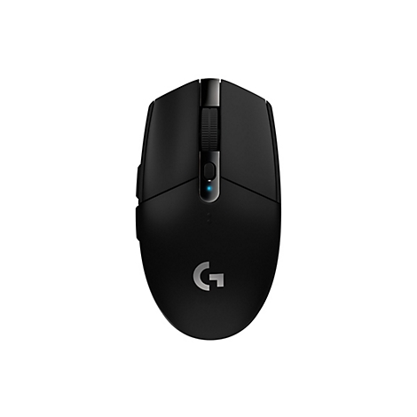 Schwarze Gaming-Maus von oben, mit Rollrad, Logo 'G' und zwei Seitentasten.