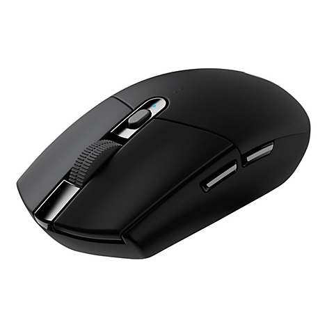Schwarze Gaming-Maus mit Scrollrad, seitlichen Tasten und Logo.