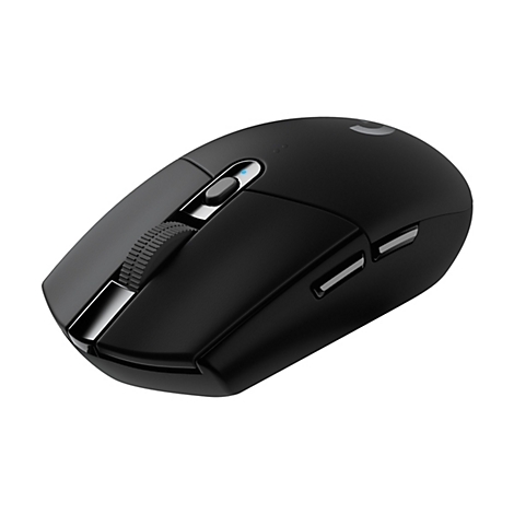 Schwarze Gaming-Maus mit Scrollrad, Seitentasten und Logo auf weiÃŸem Hintergrund.