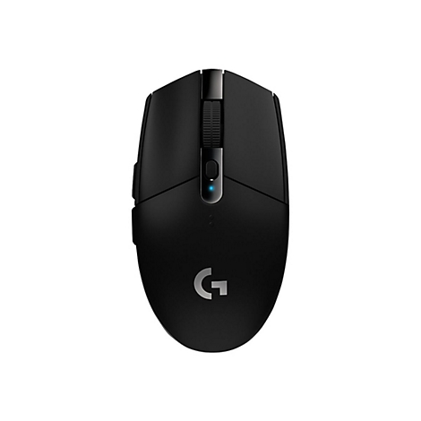 Schwarze Computermaus mit dem Logo 'G'. Obere HÃ¤lfte mit Scrollrad und KnÃ¶pfen.