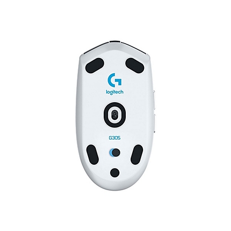 Die Unterseite einer weiÃŸen Logitech-Maus, mit schwarzen GleitfÃ¼ÃŸen und dem G305-Modellnamen.