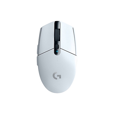 Weisse Computermaus mit schwarzem Scrollrad und seitlichen Tasten. Auf der Maus ist das Logo G zu sehen.