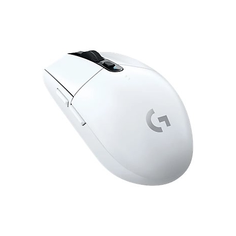 Weisse Computermaus von Logitech. Schwarzes Scrollrad und Logo.