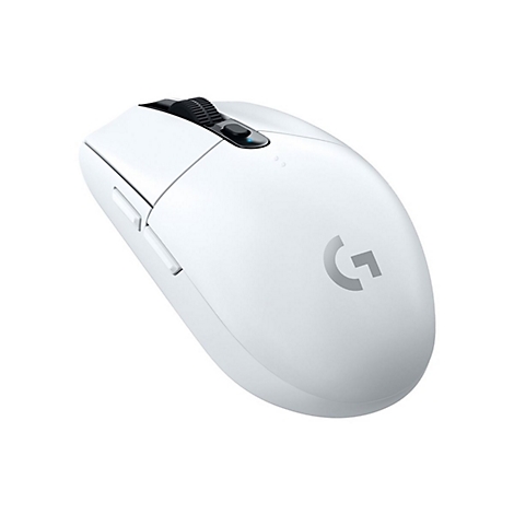 Weisse, kabellose Gaming-Maus von Logitech. Auf der Oberseite sind die Marke und eine Scrollrad sowie Seitentasten zu sehen.