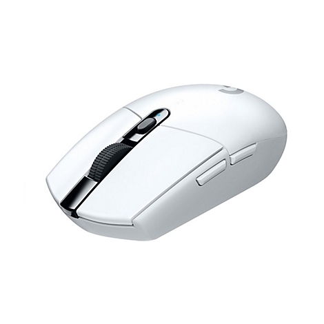 WeiÃŸe Gaming-Maus, mit Scrollrad und Seitentasten.