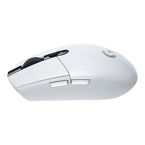 Eine weiÃŸe Computermaus. Oberseite mit Mausrad und Markentlogo.