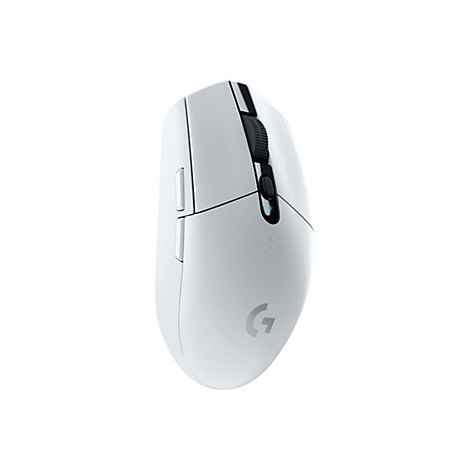Weisse Gaming-Maus mit schwarzem Mausrad und seitlichen Tasten, Logo 'G' unten.