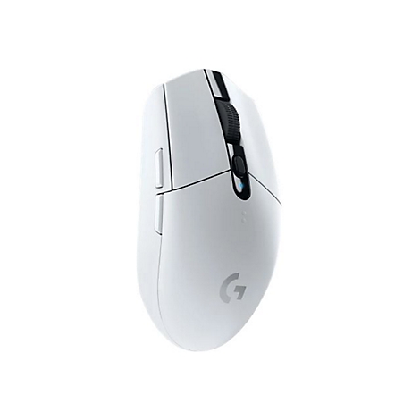 Weisse, kabellose Computermaus mit einem Scrollrad, zwei KnÃ¶pfen und einem G-Logo.