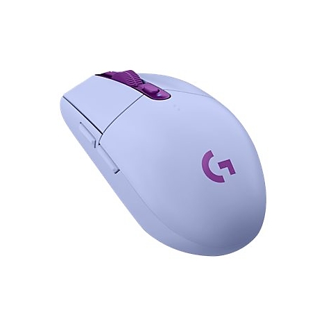 Hellblau-violette Maus. Oben lila Mausrad. Lilla Logo auf der Maus.
