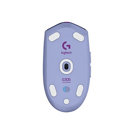 Hellblauer Gaming-Maus-Unterseite, weiÃŸe Pads, Logitech-Logo, Text G305 LIGHTSPEED.
