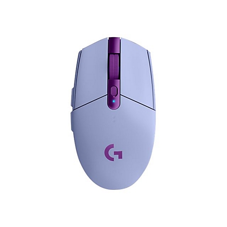 Hellblauer Gaming-Maus, mit lila Akzenten. Das Logitech Logo ist in Lila abgebildet.