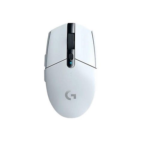 Weisse Computermaus mit Logo. Obere HÃ¤lfte mit Rad und Taste, untere HÃ¤lfte mit Logo.