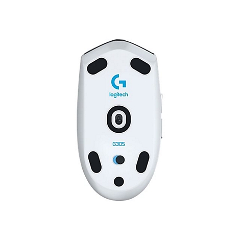 WeiÃŸe Gaming-Maus, Unterseite: Logitech-Logo, G305-Modell, schwarze Pads.