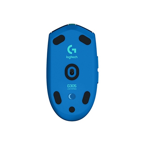 Blaue Logitech-Maus von unten, mit Logo und Modellbezeichnung.
