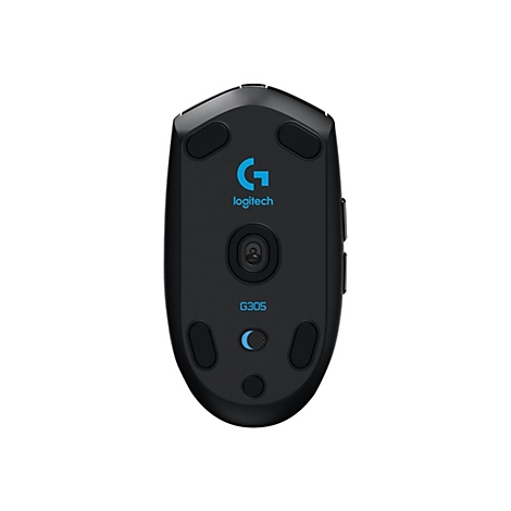 Schwarze Gaming-Maus von Logitech. Auf der Unterseite befinden sich Knöpfe und Logos.