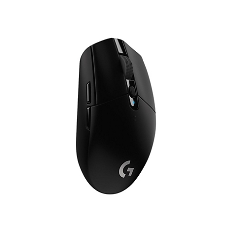 Schwarze Computermaus, Logitech G-Logo, Scrollrad und Seitentasten.