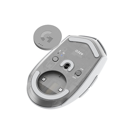 Drahtlose Maus, weiß-grau, mit transparentem Gehäuse. Auf der Oberseite: Name, Knöpfe, LED-Anzeigen, Ein-/Ausschalter.