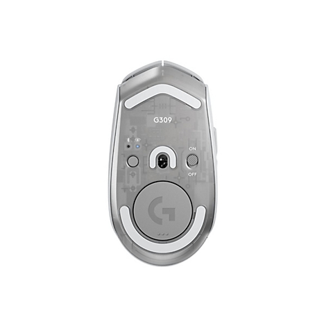 Draufsicht einer grauen Gaming-Maus. Auf der Unterseite sind das Markenlogo und die Beschriftung G309 zu sehen.