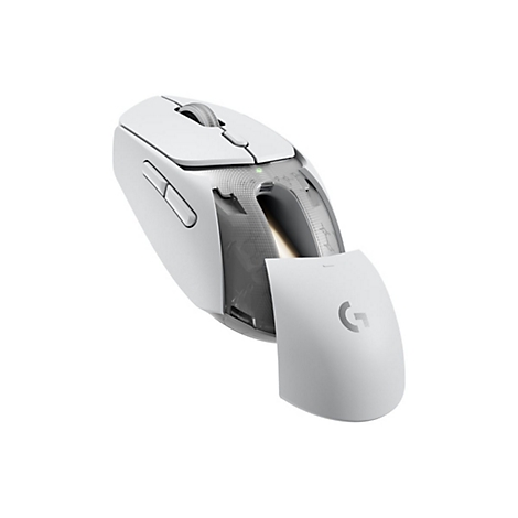 Weisse Logitech-Maus mit geÃ¶ffneter Abdeckung, Innenleben sichtbar. G-Logo auf der Abdeckung.
