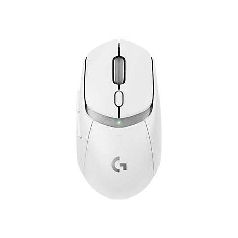 Draufsicht auf eine weiÃŸe Computermaus mit Scrollrad, KnÃ¶pfen und G-Logo.