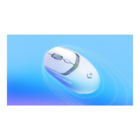 Eine weiÃŸe Gaming-Maus, perspektivisch dargestellt, vor blauem Hintergrund mit leuchtenden Linien und Logo.